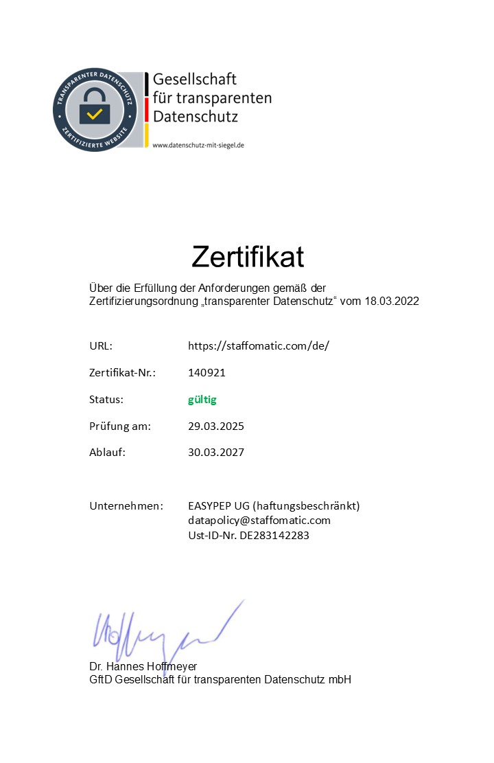 Zertifikat Staffomatic